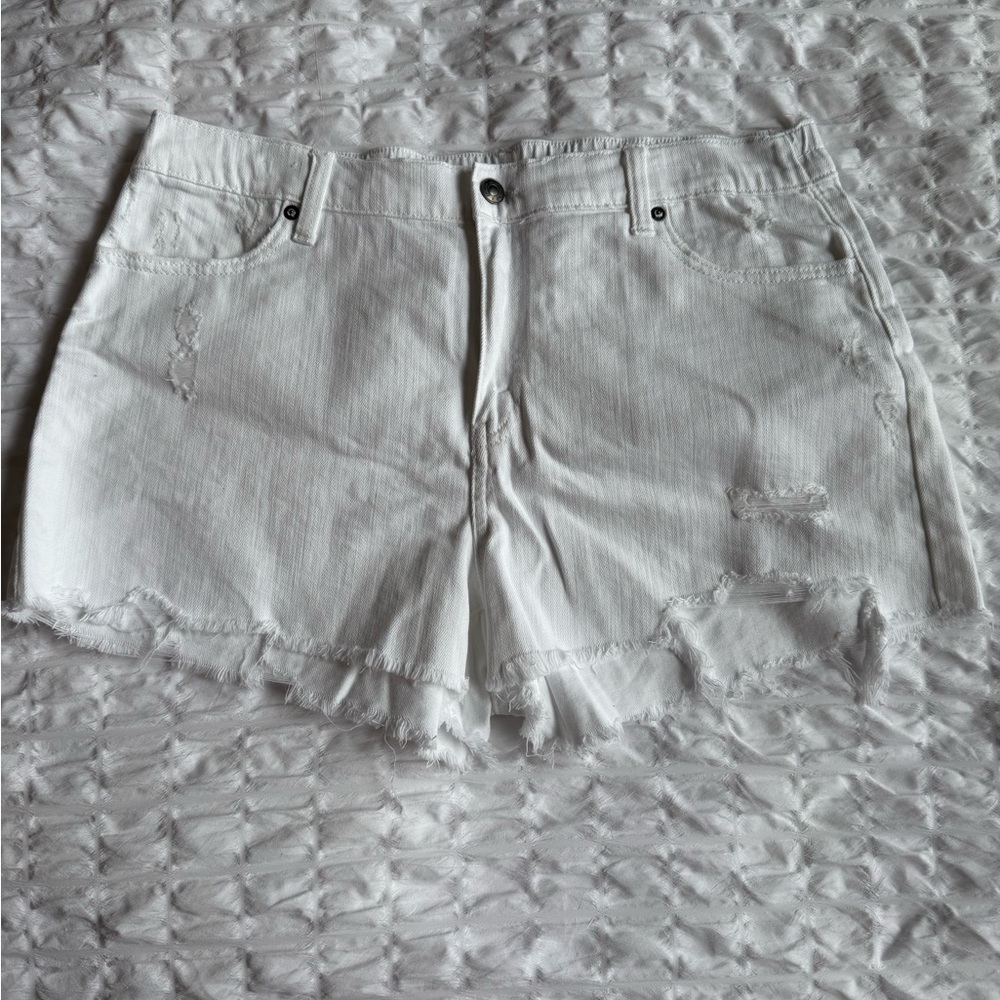 Aerie White Jean Shorts with Frayed Hem and Elastic Waistband - L